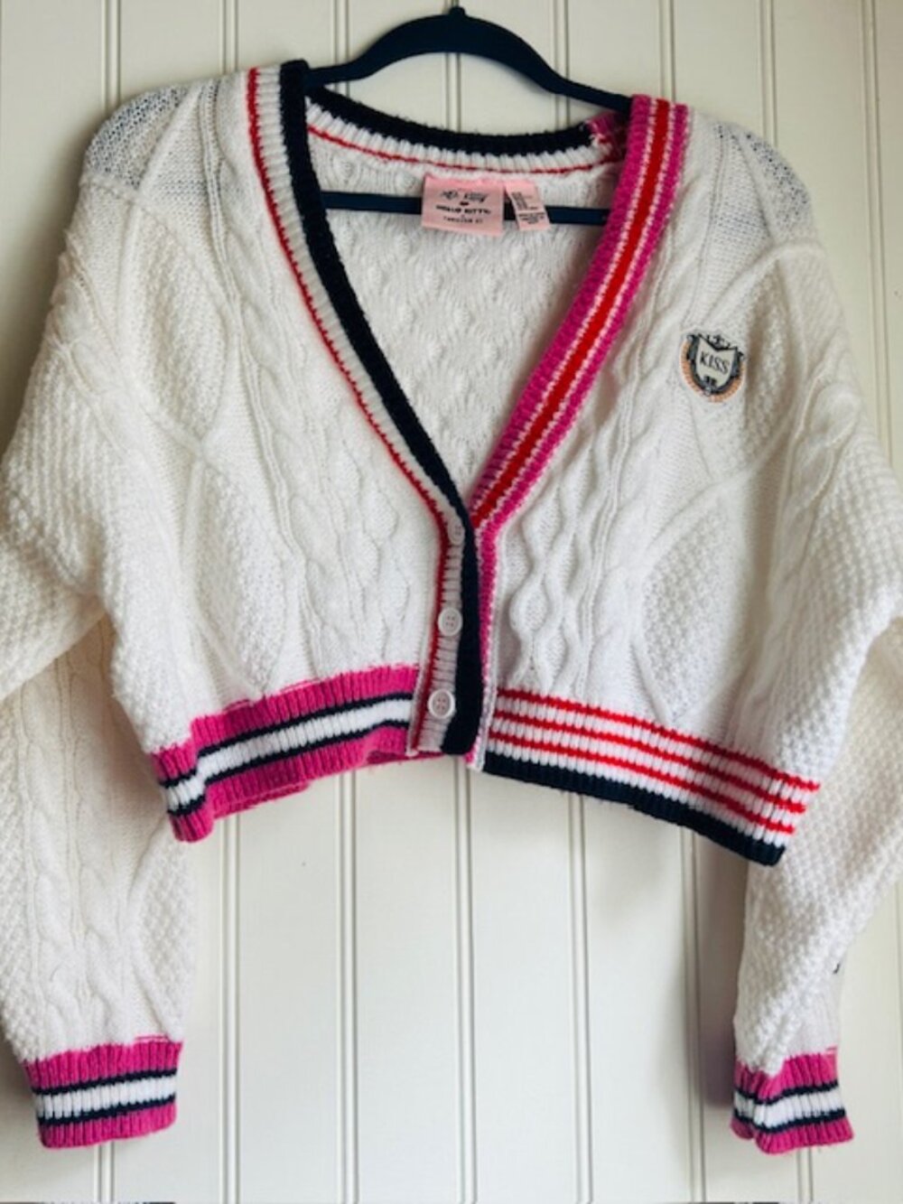 Forever 21 Sanrio XO Kitty Hello Kitty Cardigan Sweater White Cable Knit Bow XS